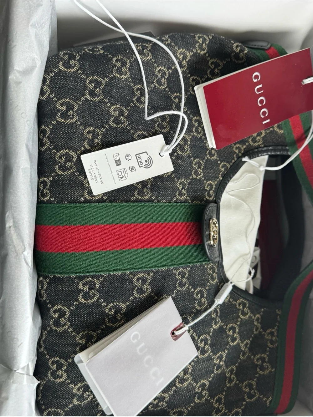 Gucci Black Denim Giglio Canvas Tote with Green-Red Stripe - Picture 8 of 11